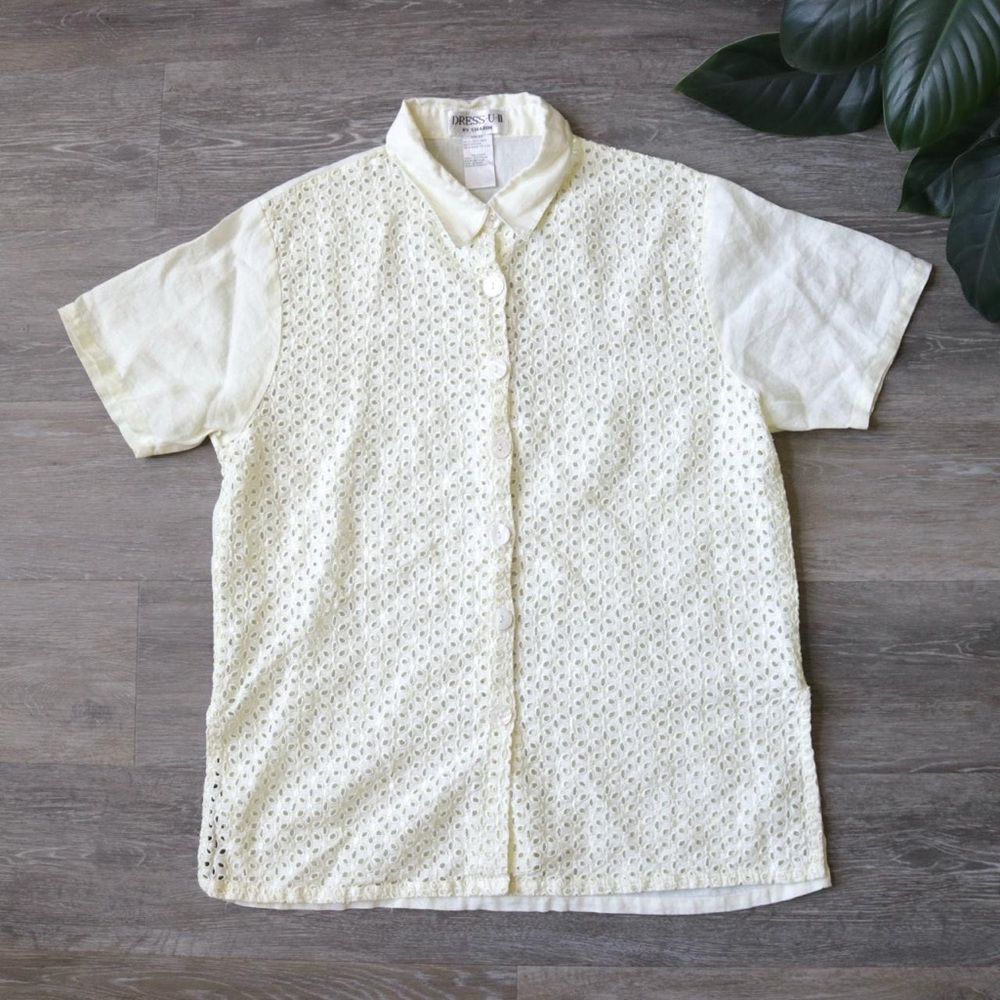 Cream Off White Eyelet Button Down Collared Shirt - image 2